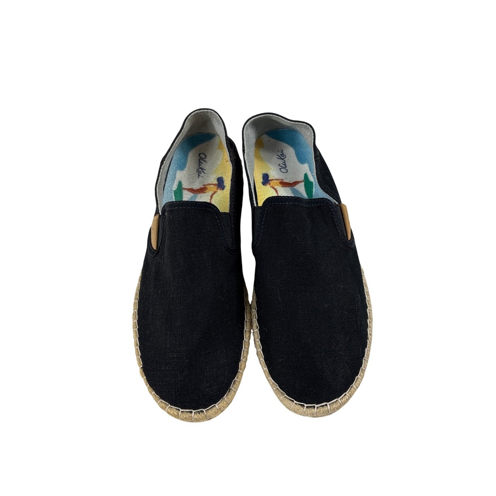 OluKai Kaula Pa'a Kapa Black Linen Espadrille Slip On Shoes Womens 6.5
